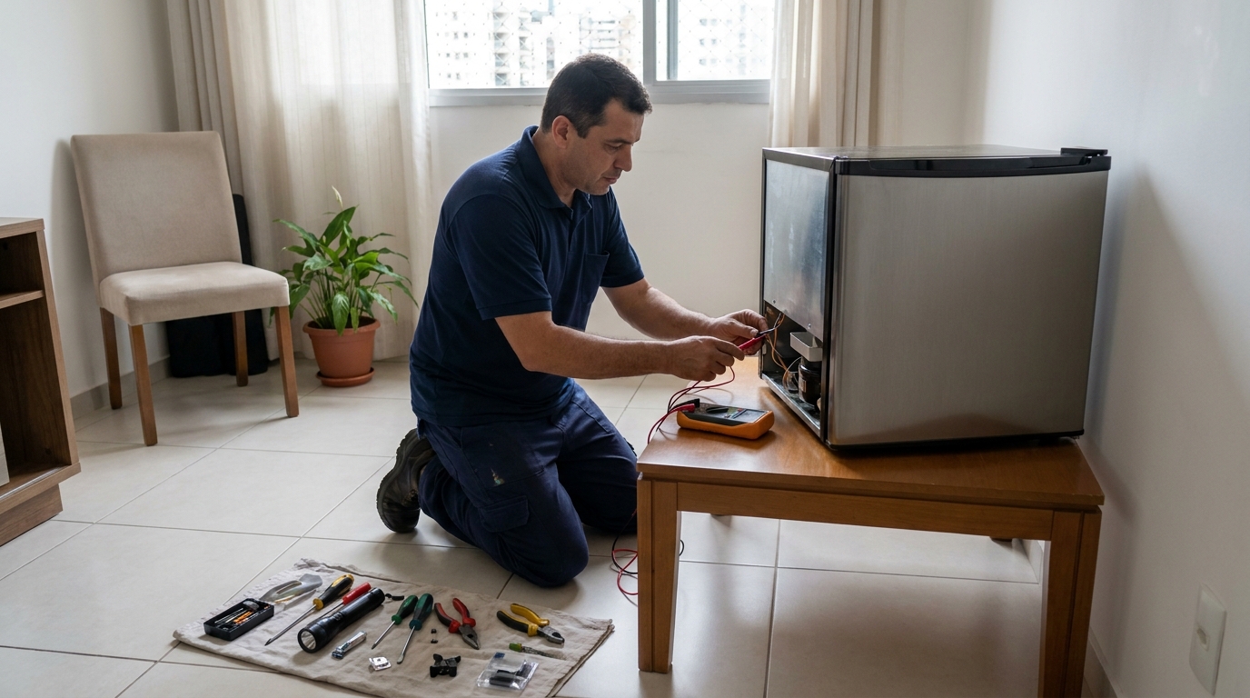 Técnico realizando manutenção de motor de frigobar em Itajaí‑SC
