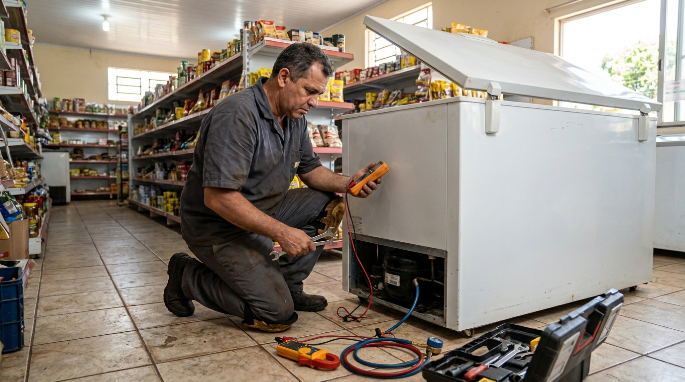 Troca de termostato de freezer em atendimento técnico em Itajaí‑SC